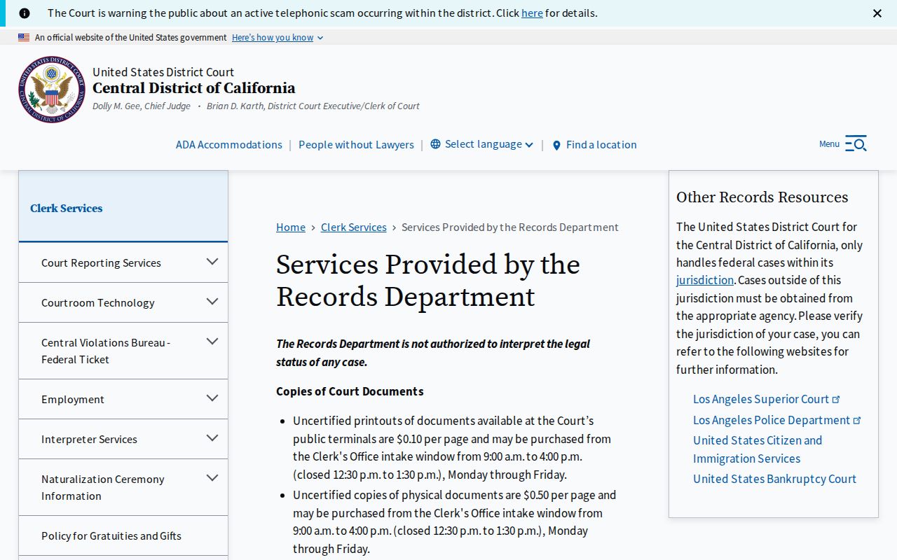 Bellflower resident lookup Central District federal records page