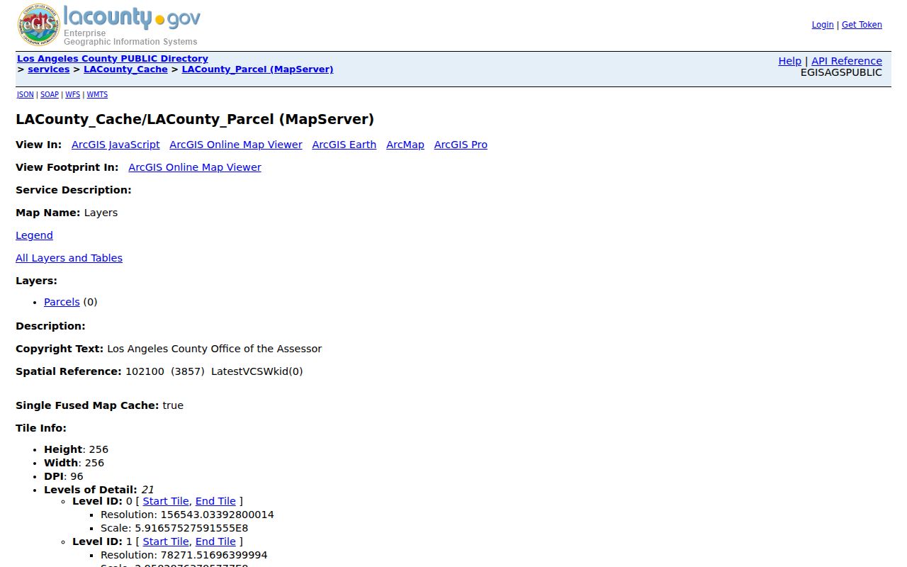 Bellflower street directory view of the Los Angeles County parcel GIS service